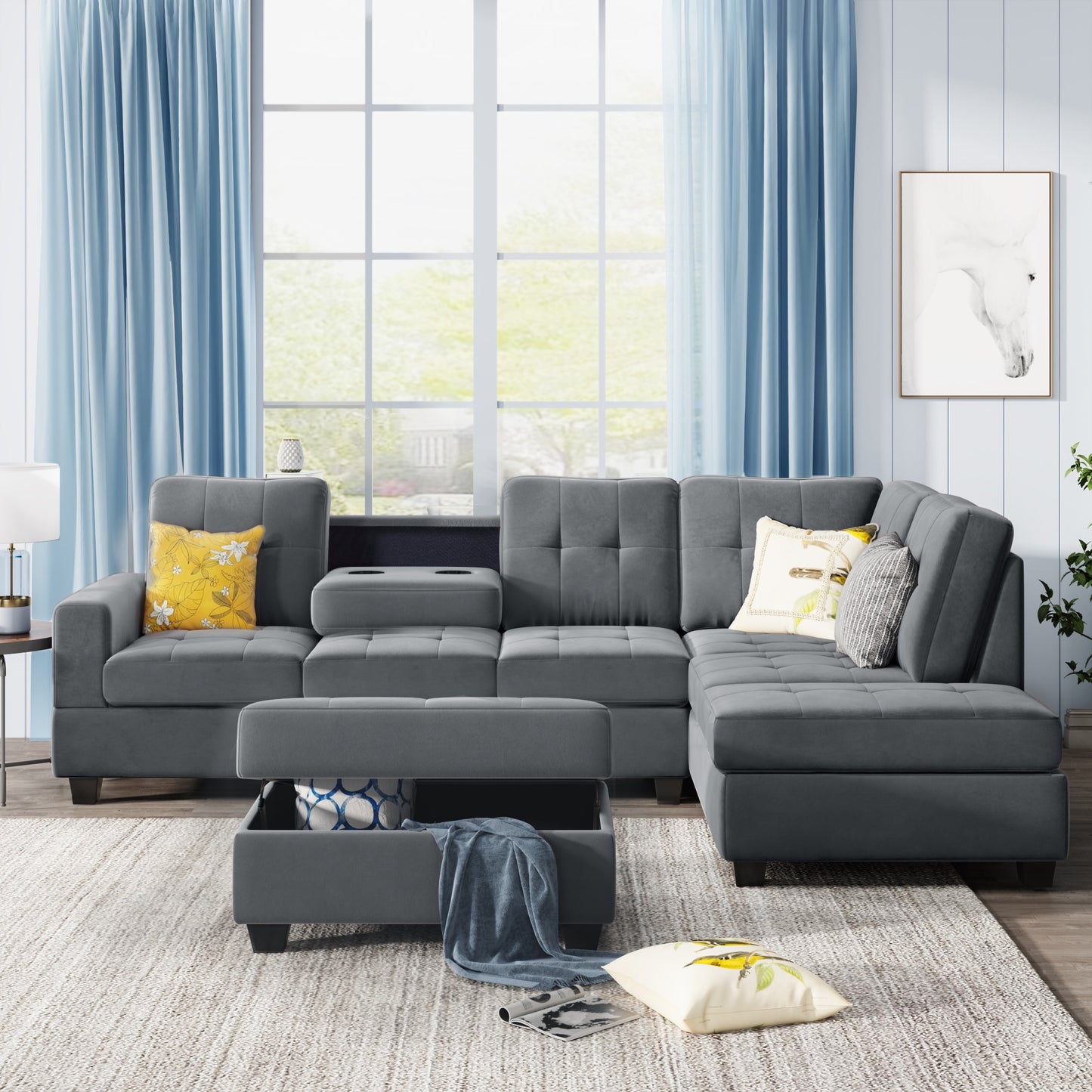 3 Piece Microfiber Sectional Sofa with Storage Ottoman and Cup Holders