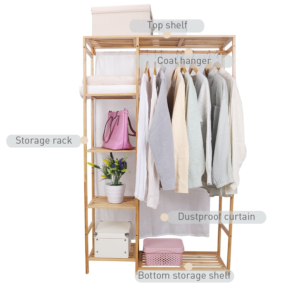 Bamboo Wood Clothing Garment Rack with Shelves