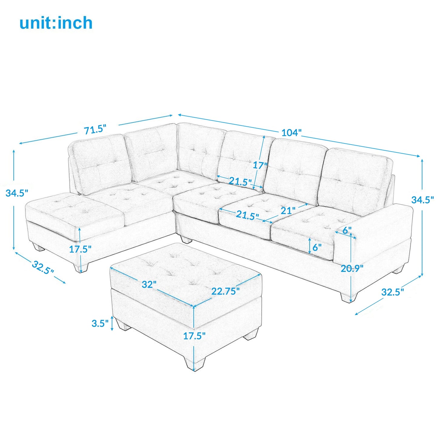 3 Piece Microfiber Sectional Sofa with Storage Ottoman and Cup Holders