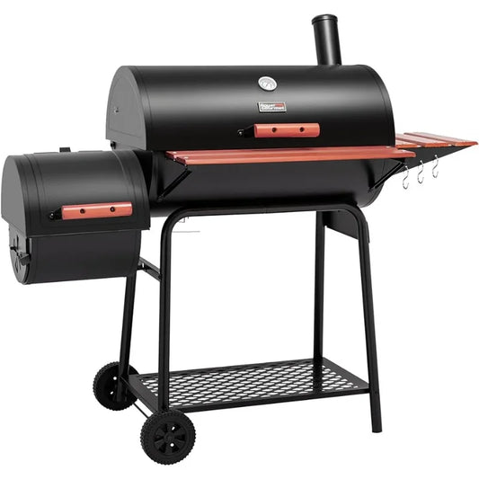 Barrel Style Charcoal Grill with Offset Smoker and Side Table