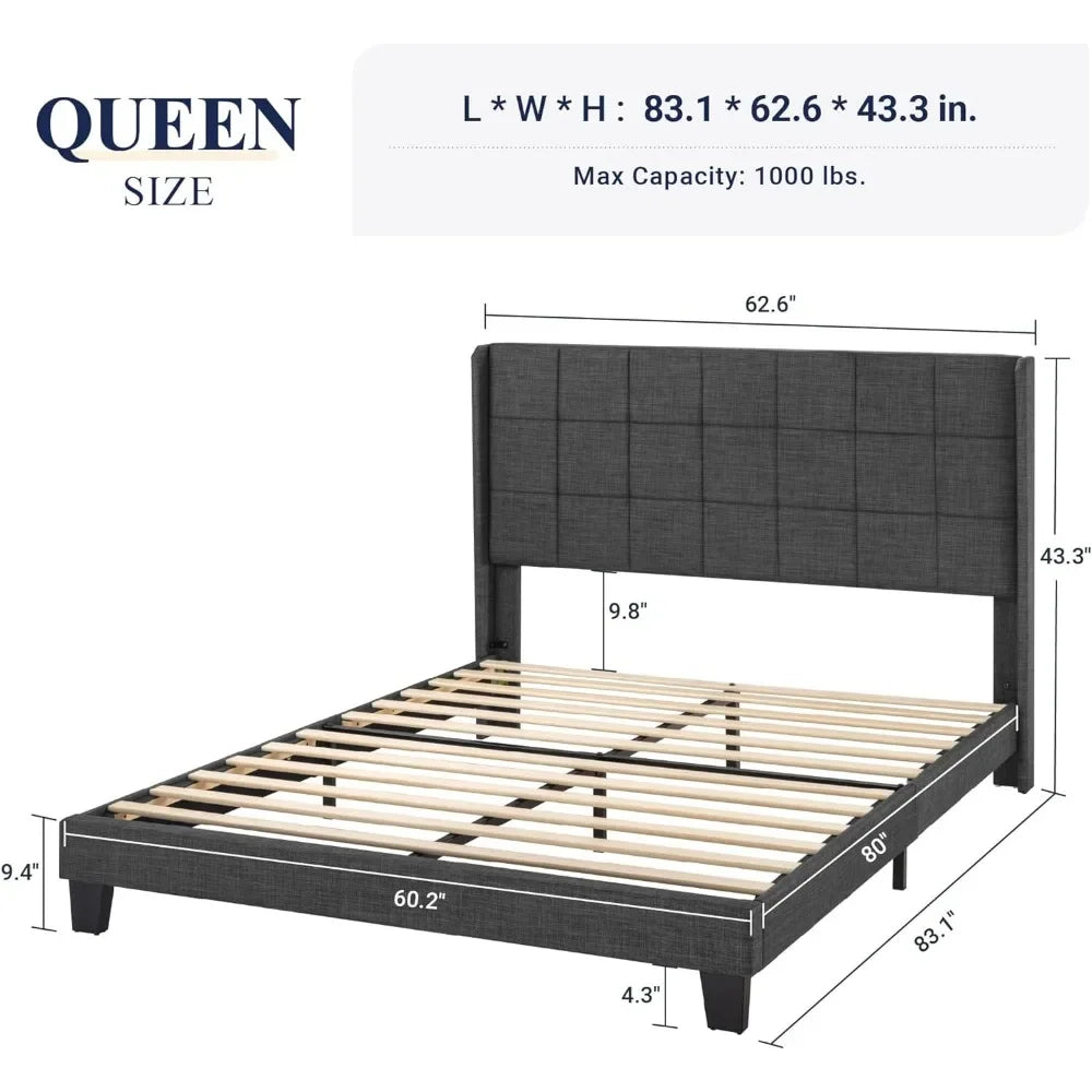 Queen Size Bed Frame with Large Upholstered Headboard