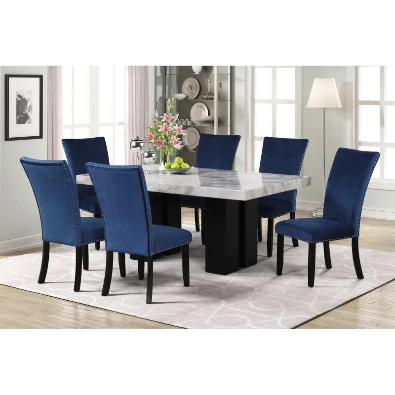 7-piece Dining Table Set with Faux Marble Rectangular Table and 6 Upholstered Chairs