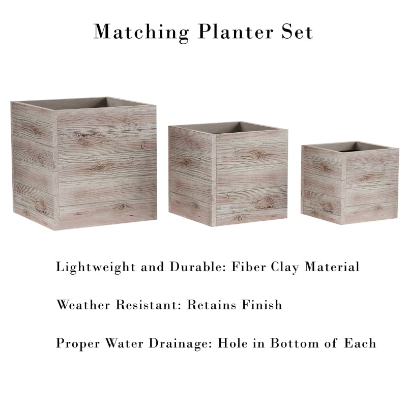 3-Piece Wood-Looking Fiber Clay Square Planter Set