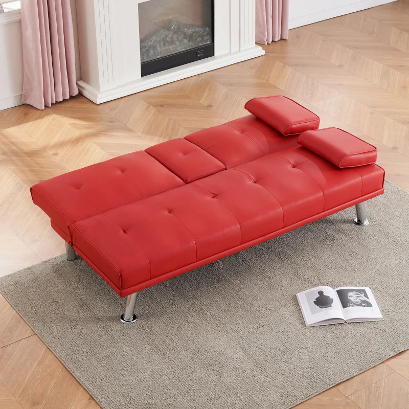 Convertible Futon Sofa Bed with 2 Cup Holders in Red