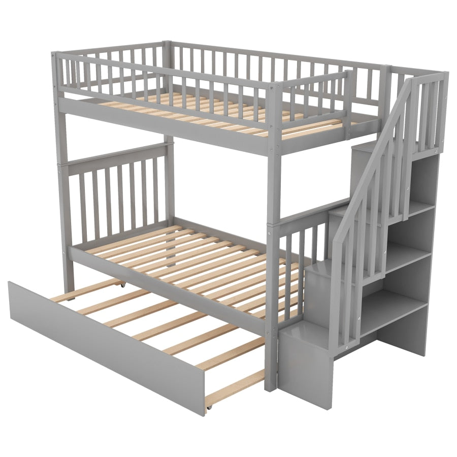Twin over Twin Bunk Bed with Trundle and 4 Storage Shelves