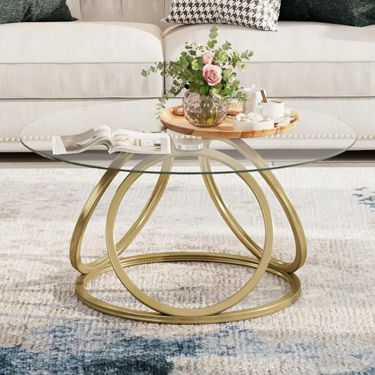 Round Coffee Table with Tempered Glass and Ring Shaped Frames
