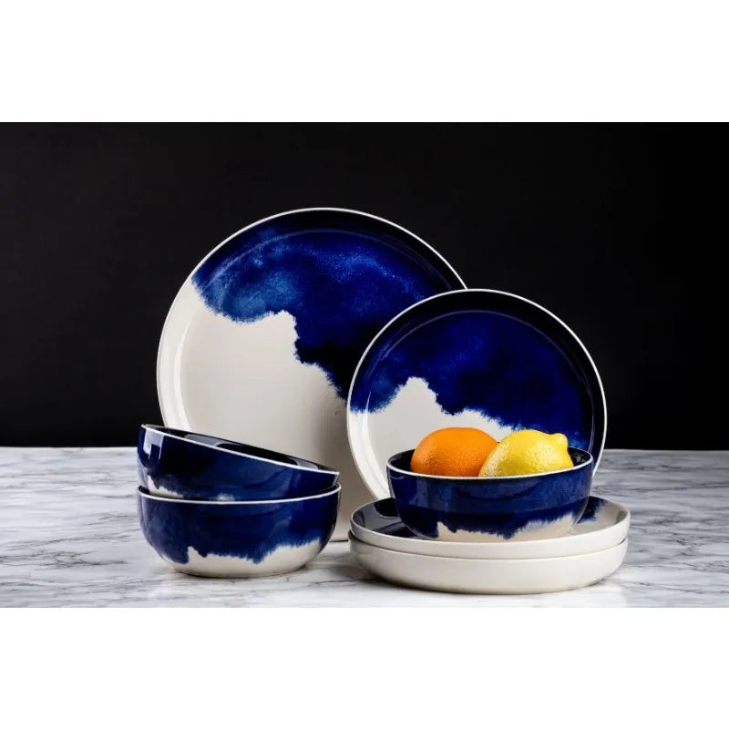 12 Piece Blue/Grey Drip Stoneware Dinnerware Set