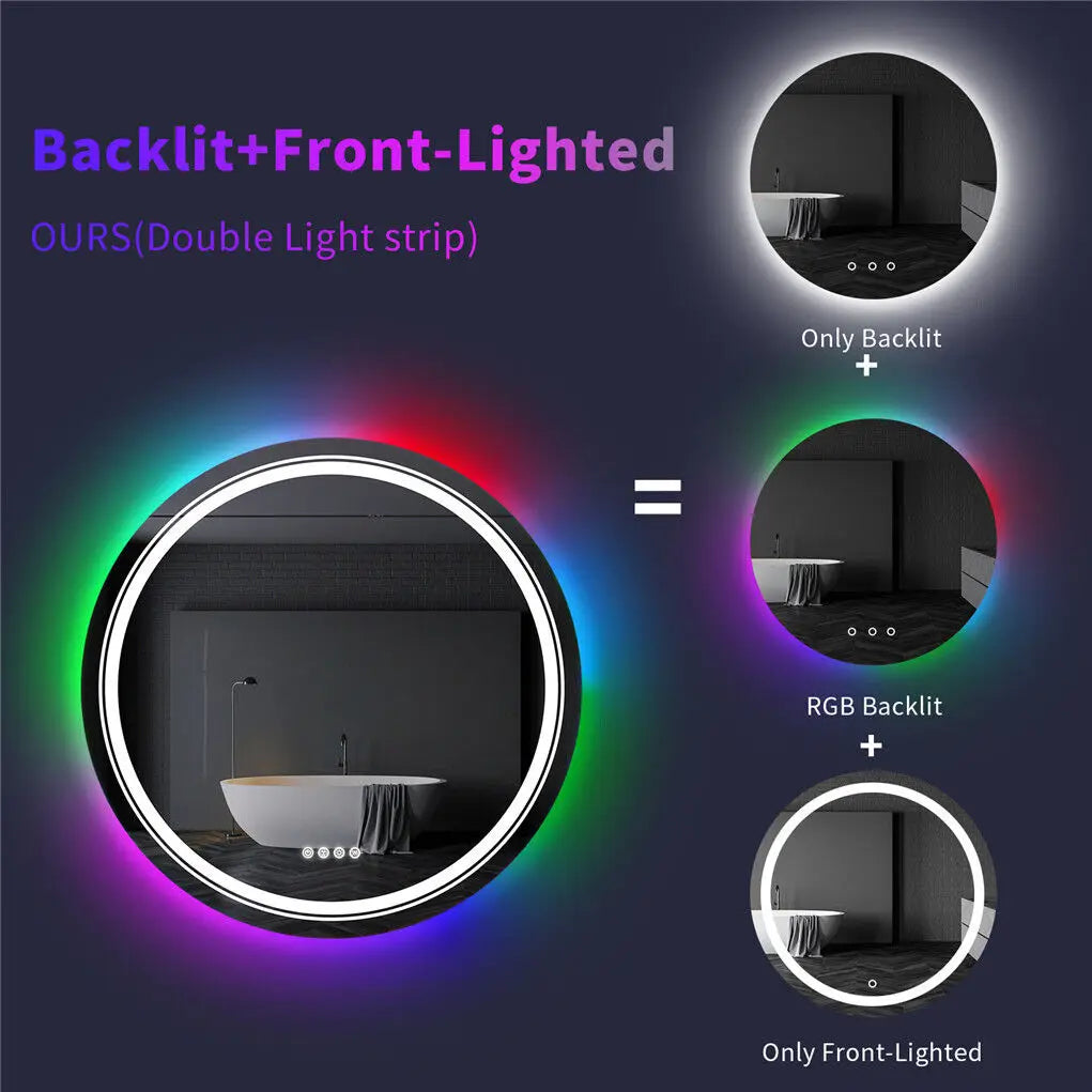 Round Bathroom Dimmable Defogging  Mirror with LED Light and Backlit RGB