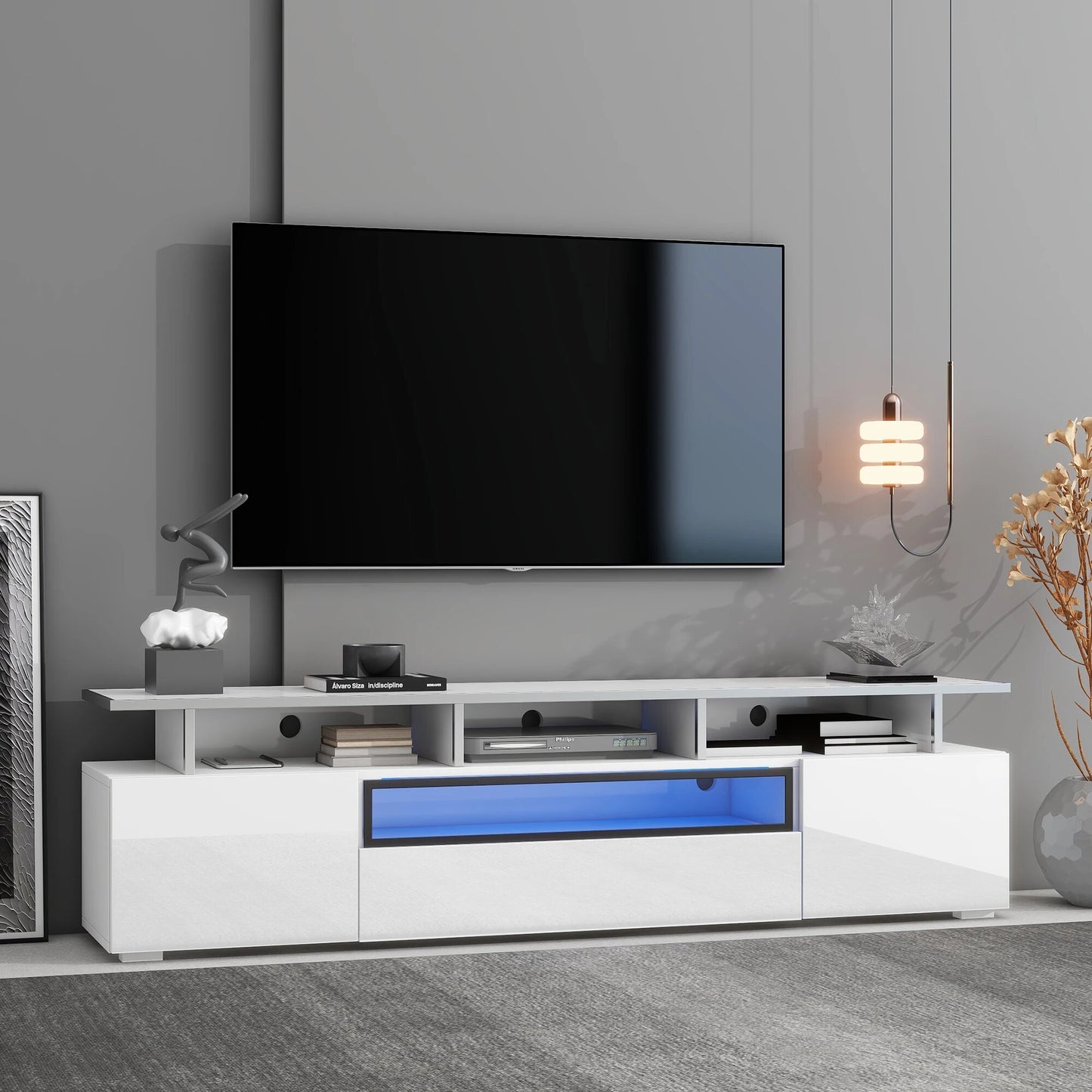 Modern LED Entertainment Center with Push to Open Doors
