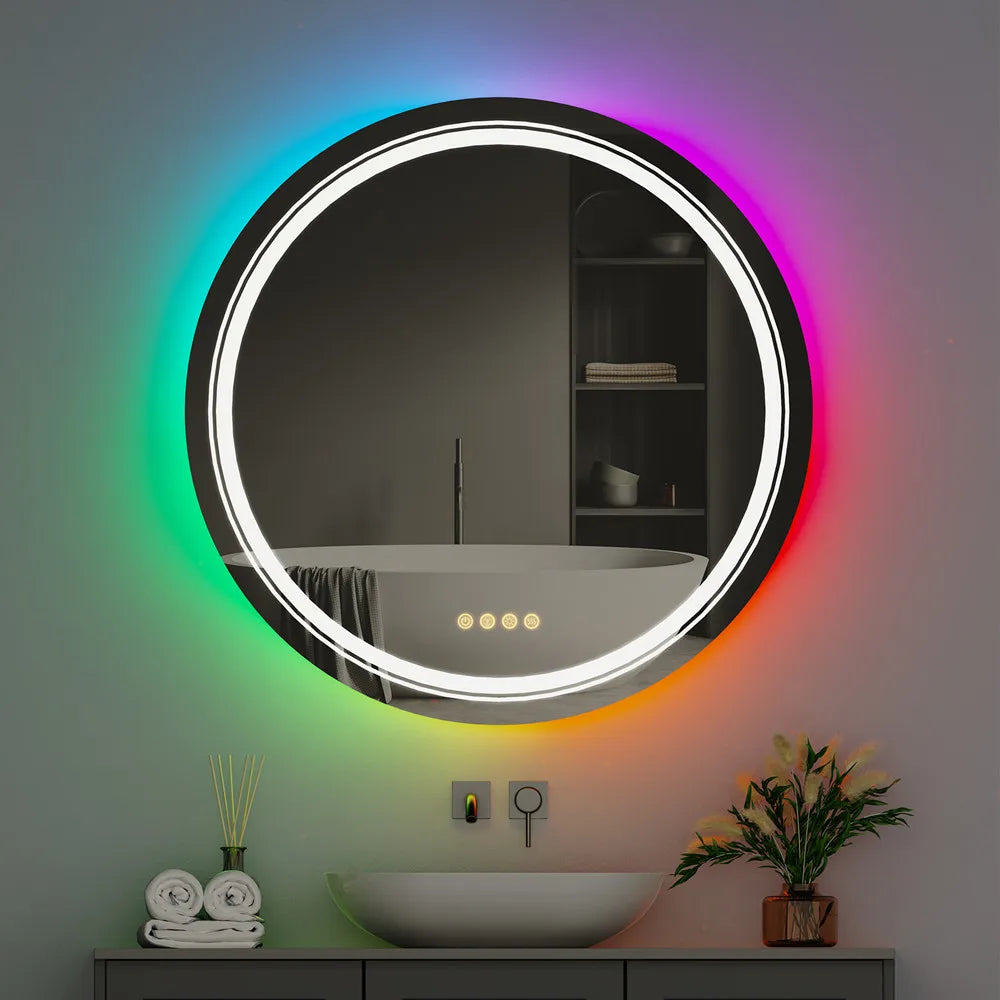 Round Bathroom Dimmable Defogging  Mirror with LED Light and Backlit RGB