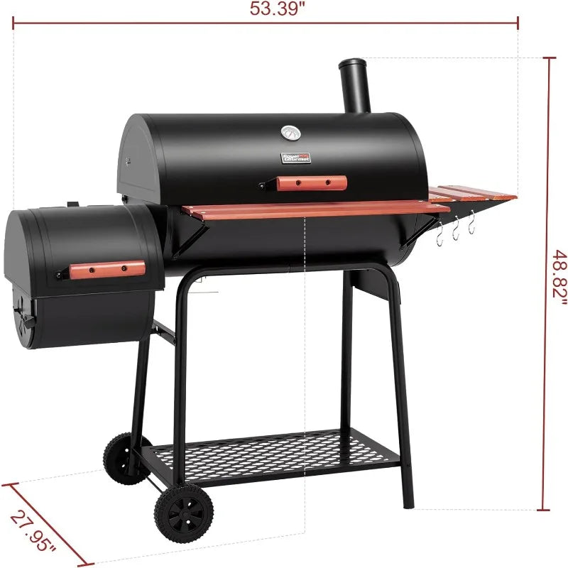 Barrel Style Charcoal Grill with Offset Smoker and Side Table