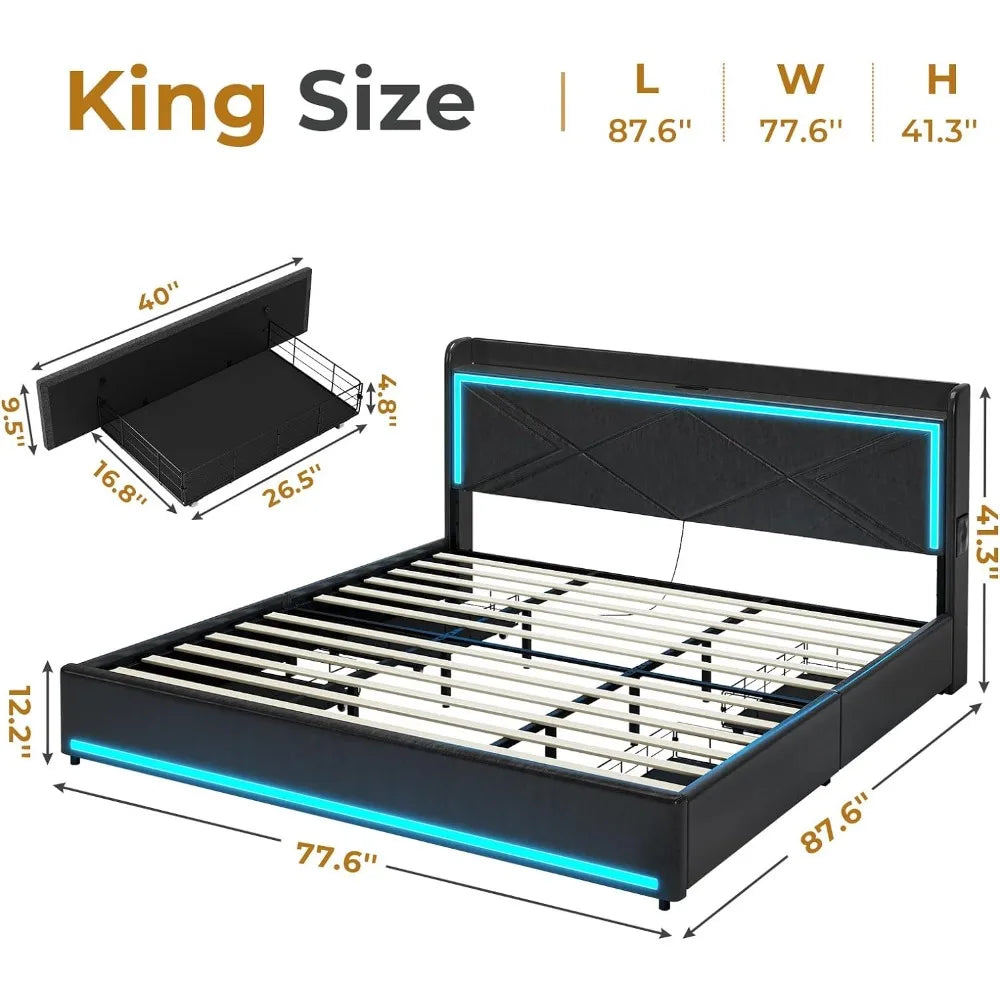 King Bed Frame with Storage Drawers and LED Lights