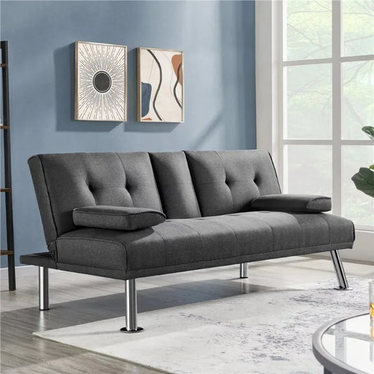 Modern Fabric Reclining Futon with Cupholders and Pillows