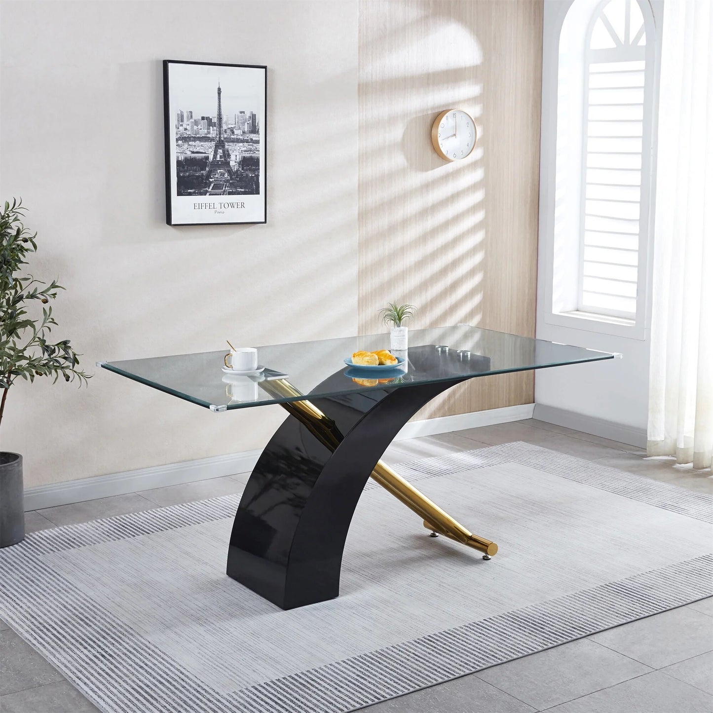 Rectangular Glass Top Dining Table with Cross Base