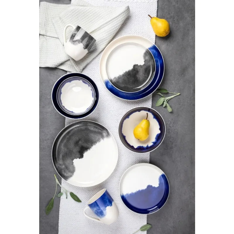 12 Piece Blue/Grey Drip Stoneware Dinnerware Set