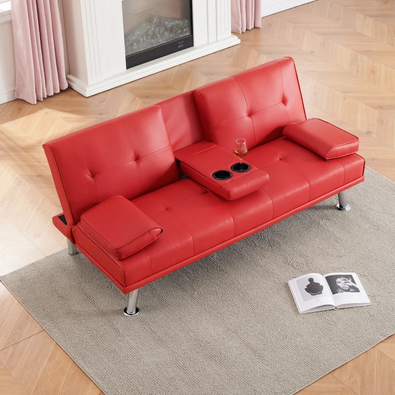 Convertible Futon Sofa Bed with 2 Cup Holders in Red