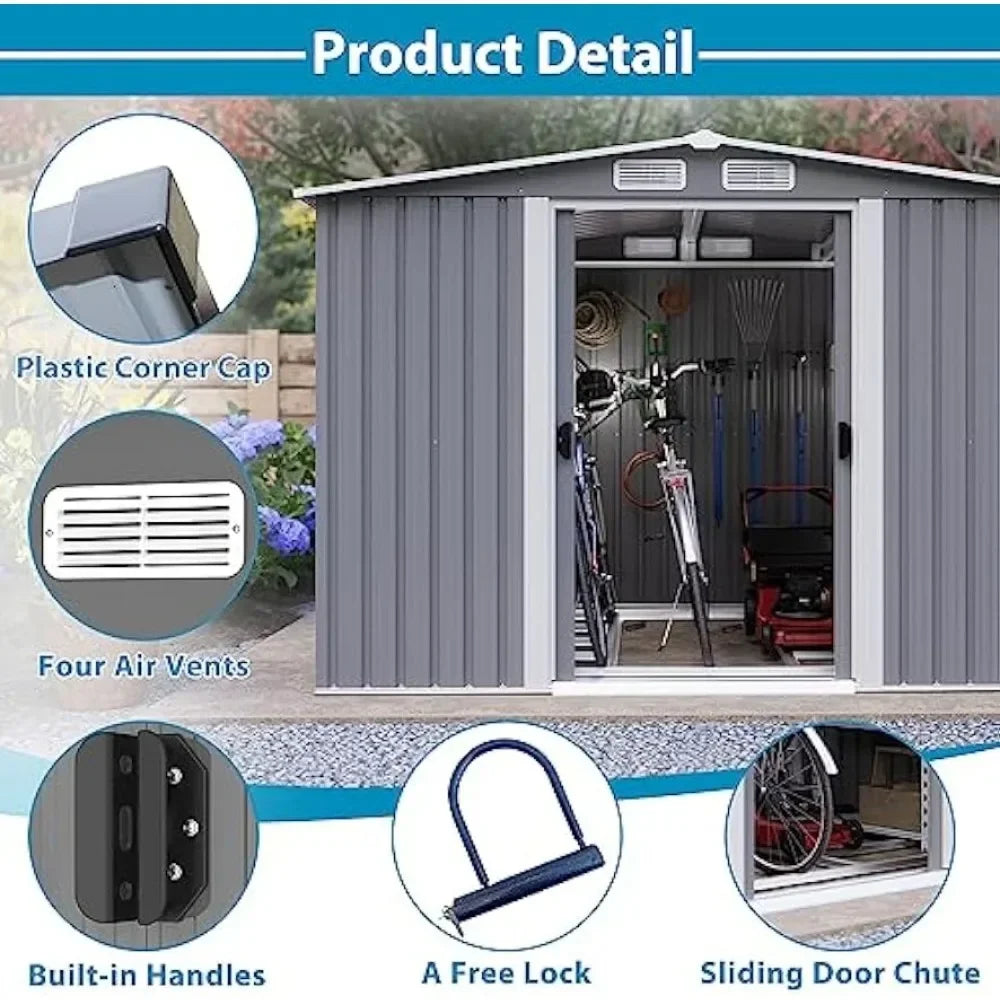8x6 ft Galvanized Steel Outdoor Storage Shed with Vents