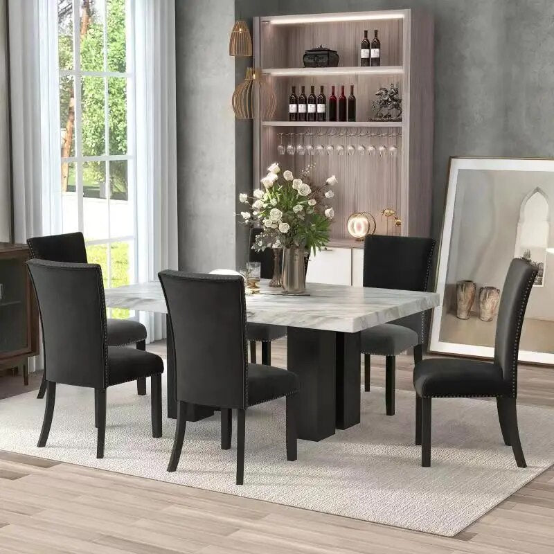 7-piece Dining Table Set with Faux Marble Rectangular Table and 6 Upholstered Chairs