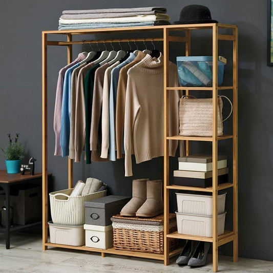 Bamboo Wood Clothing Garment Rack with Shelves