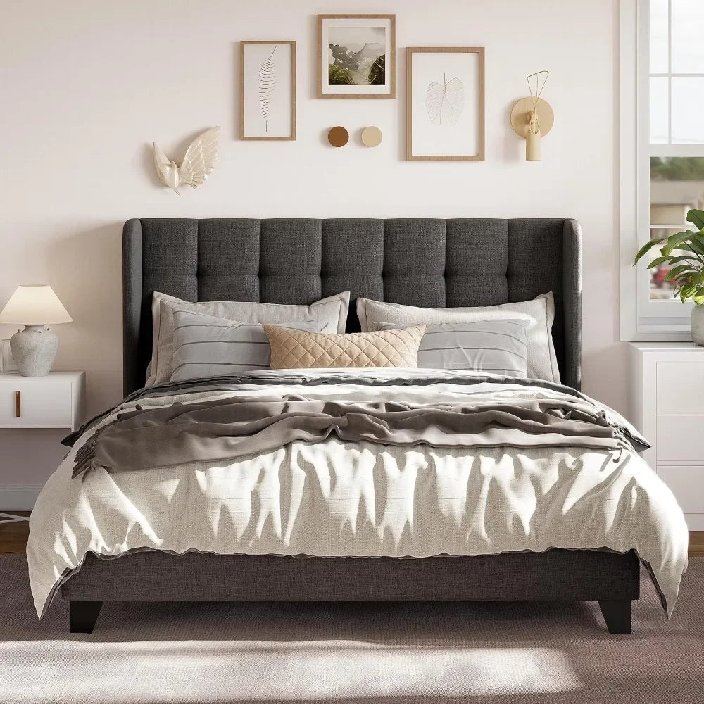 Queen Size Bed Frame with Large Upholstered Headboard