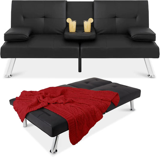 Faux Leather Futon Sofa Bed with Cupholders and Pillows