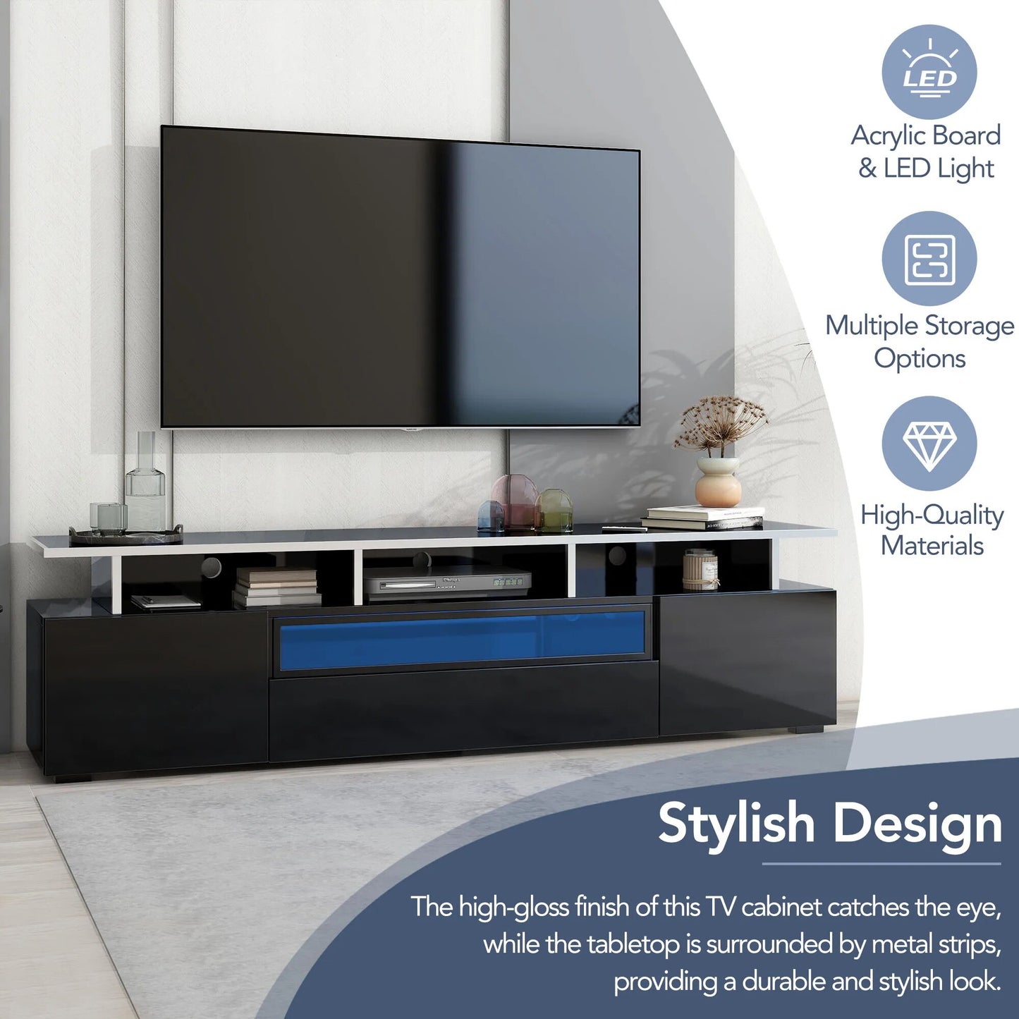 Modern LED Entertainment Center with Push to Open Doors