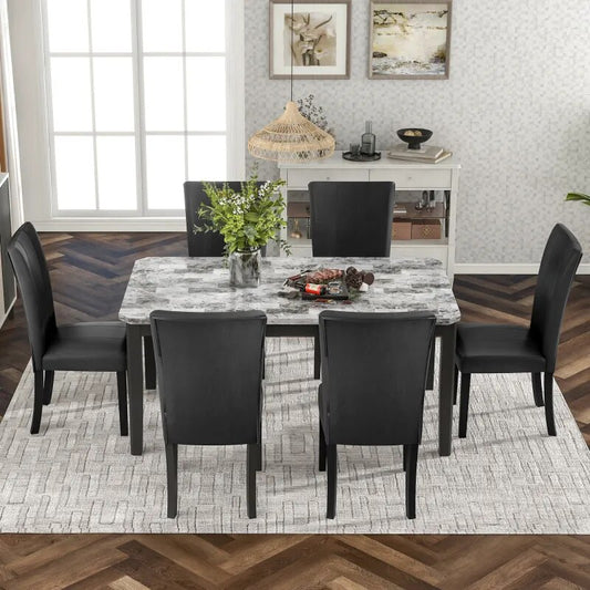 7-piece Dining Table Set with Faux Marble Top Table and 6 Upholstered Chairs