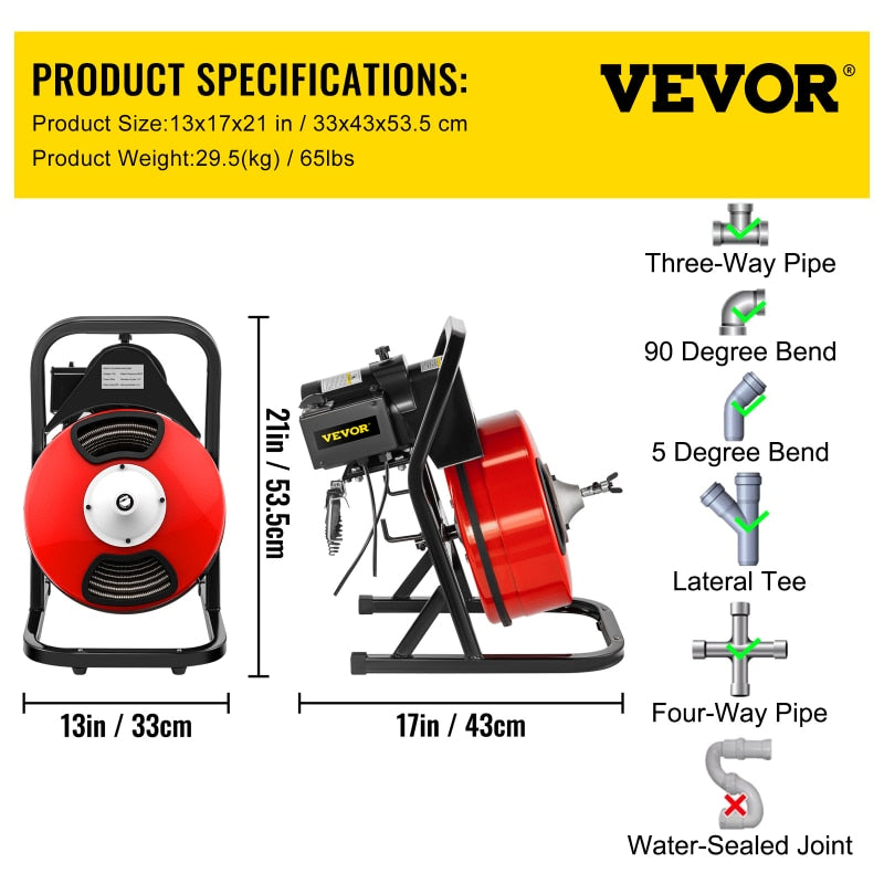 VEVOR 50ftx1/2in Electric Sewer Snake Drain Cleaning Machine