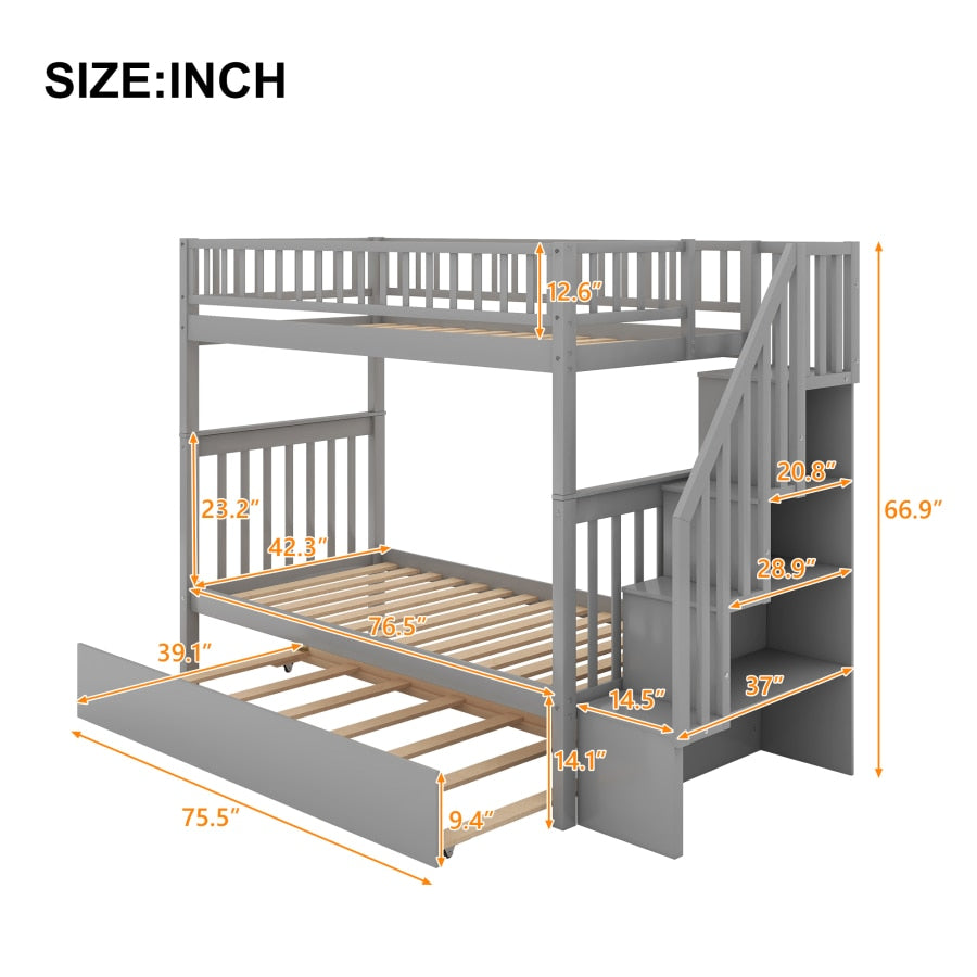 Twin over Twin Bunk Bed with Trundle and 4 Storage Shelves