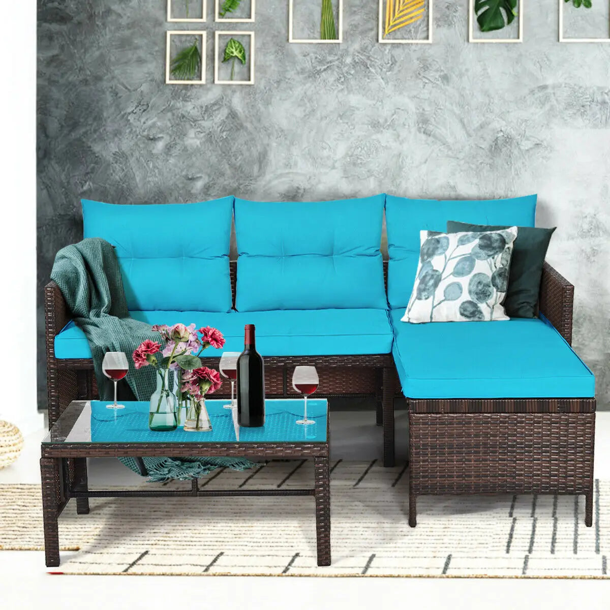 3 Piece Patio Rattan Wicker Sofa Sectional Set