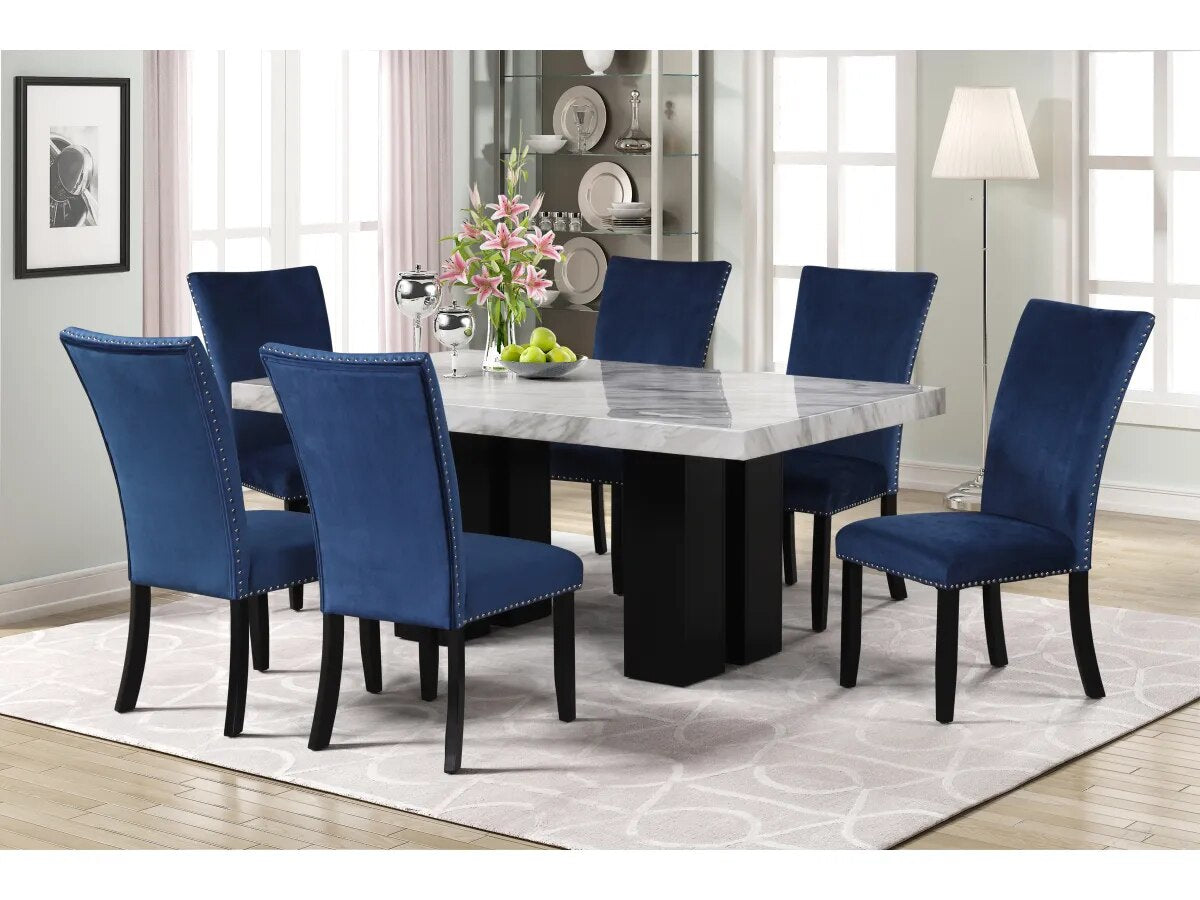 7-piece Dining Table Set with Faux Marble Rectangular Table and 6 Upholstered Chairs