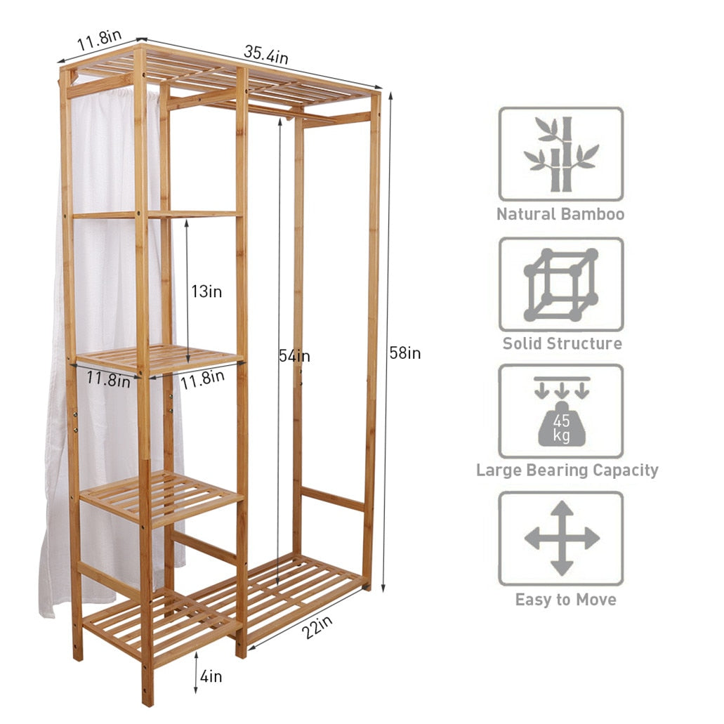 Bamboo Wood Clothing Garment Rack with Shelves