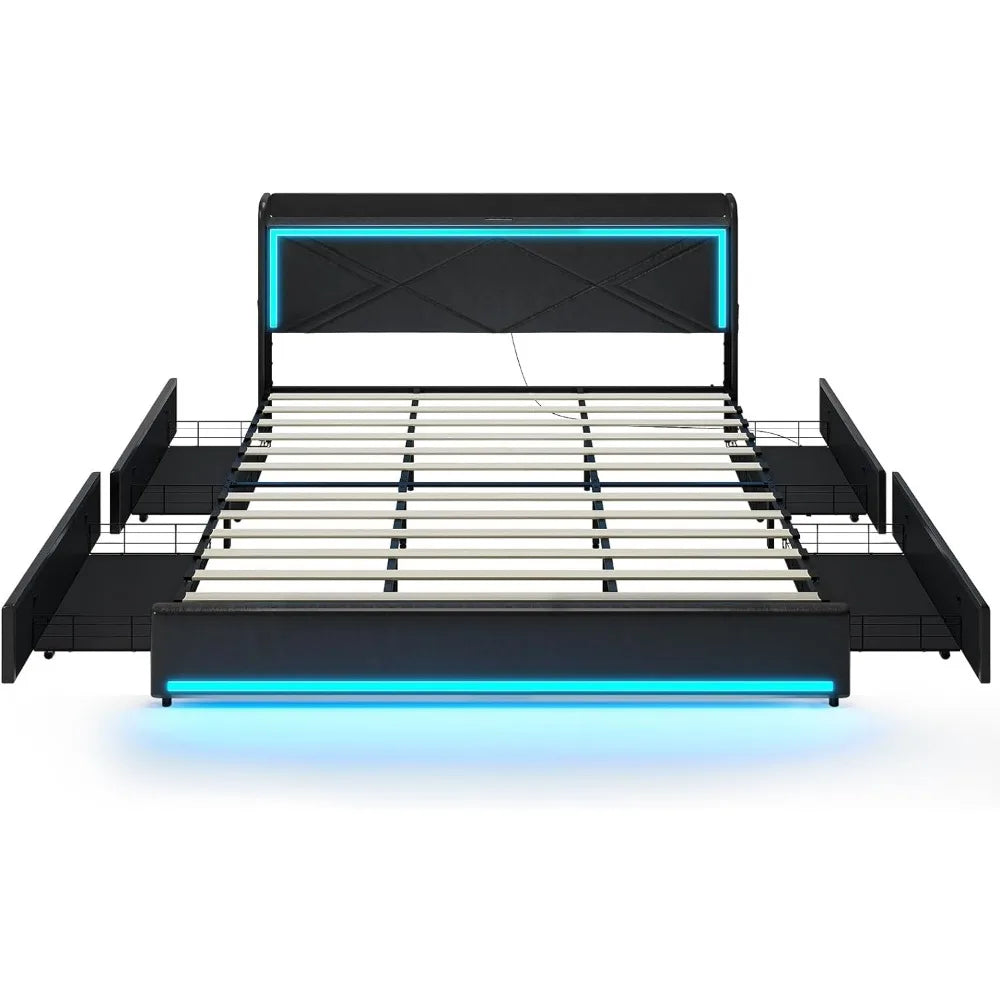 King Bed Frame with Storage Drawers and LED Lights