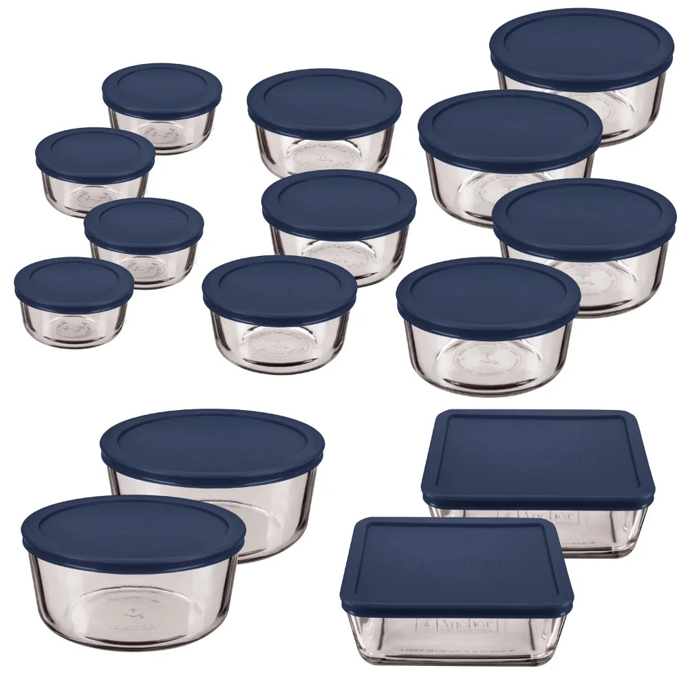 30 Piece Set Clear Glass Storage With Navy Lids