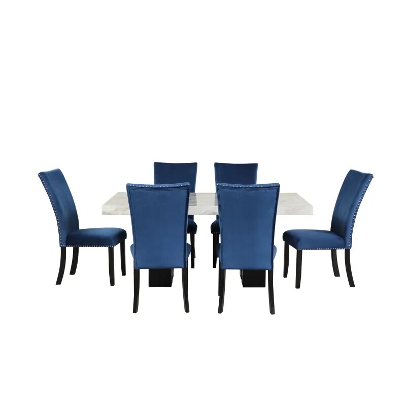 7-piece Dining Table Set with Faux Marble Rectangular Table and 6 Upholstered Chairs