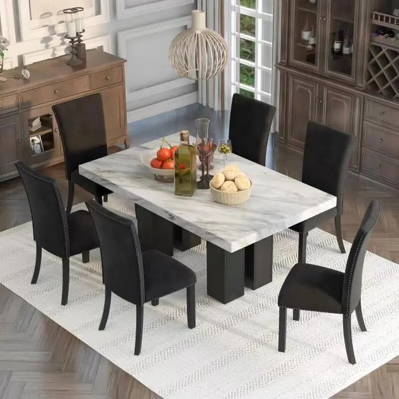 7-piece Dining Table Set with Faux Marble Rectangular Table and 6 Upholstered Chairs