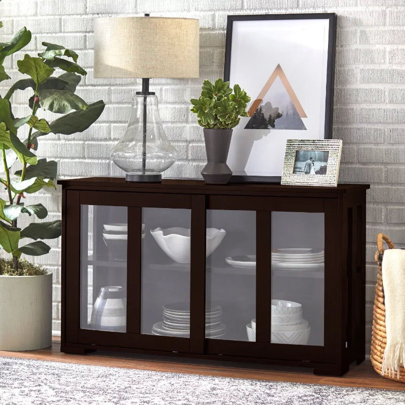 Stackable Dining Room Sideboard with Tempered Glass Sliding Doors