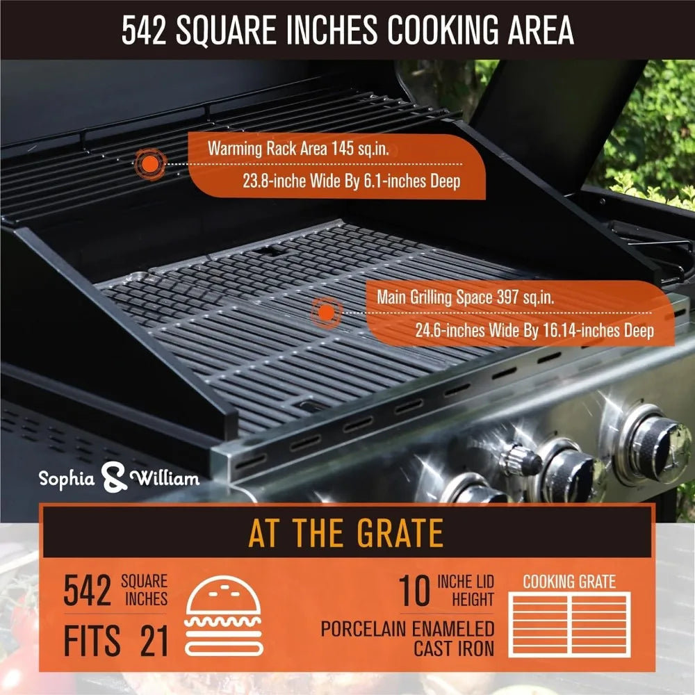 4-Burner Gas BBQ Grill with Side Burner and Porcelain-Enameled Cast Iron Grates