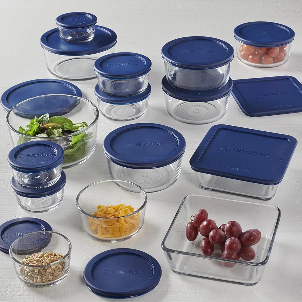 30 Piece Set Clear Glass Storage With Navy Lids