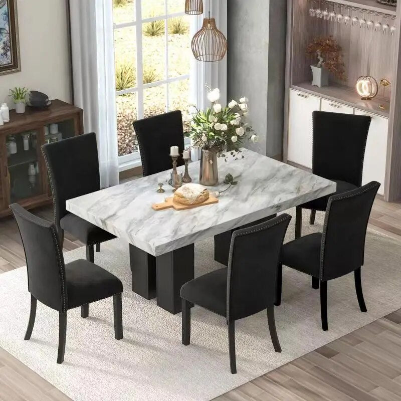 7-piece Dining Table Set with Faux Marble Rectangular Table and 6 Upholstered Chairs