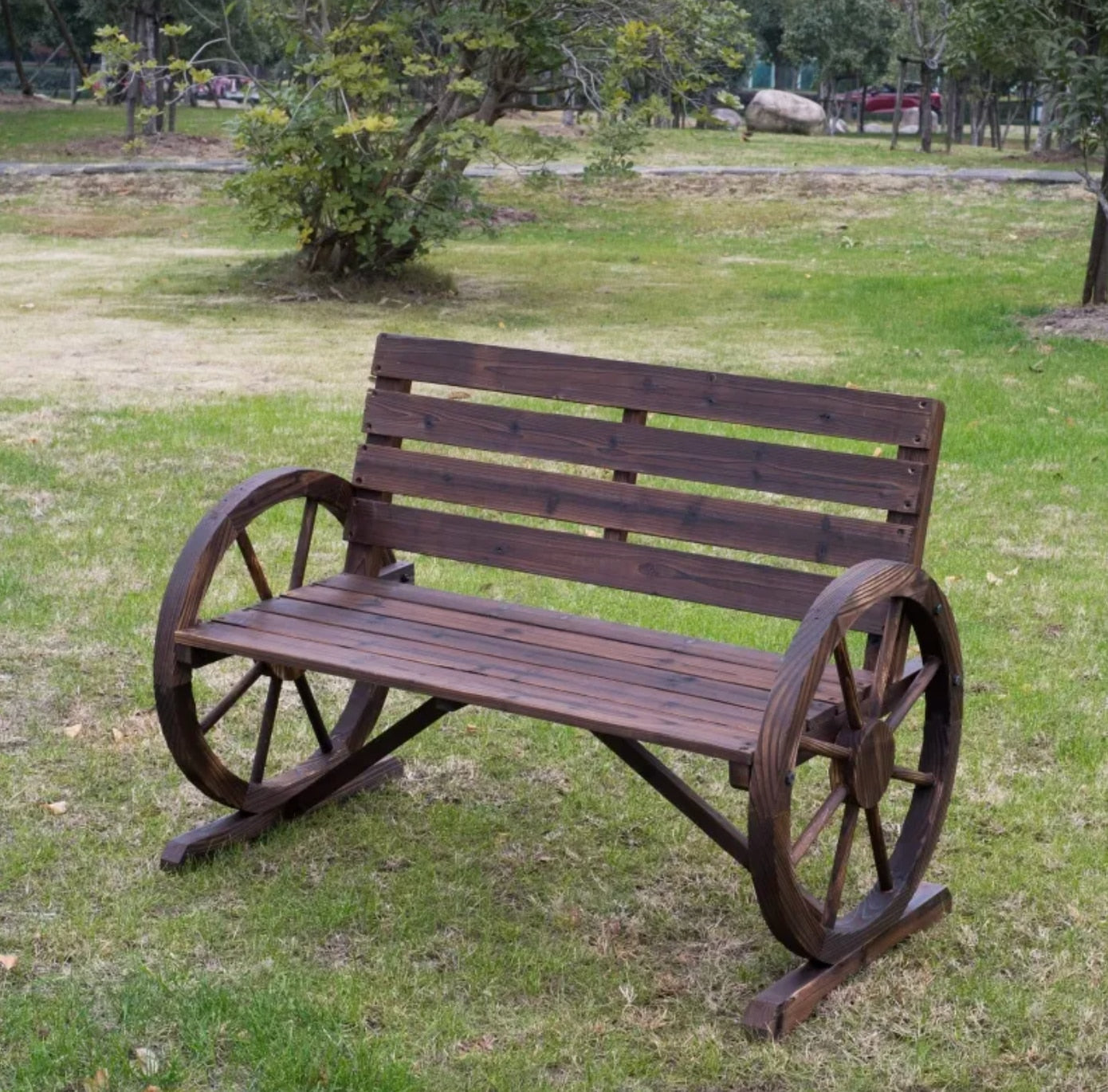 Rustic Wooden Wheel Bench