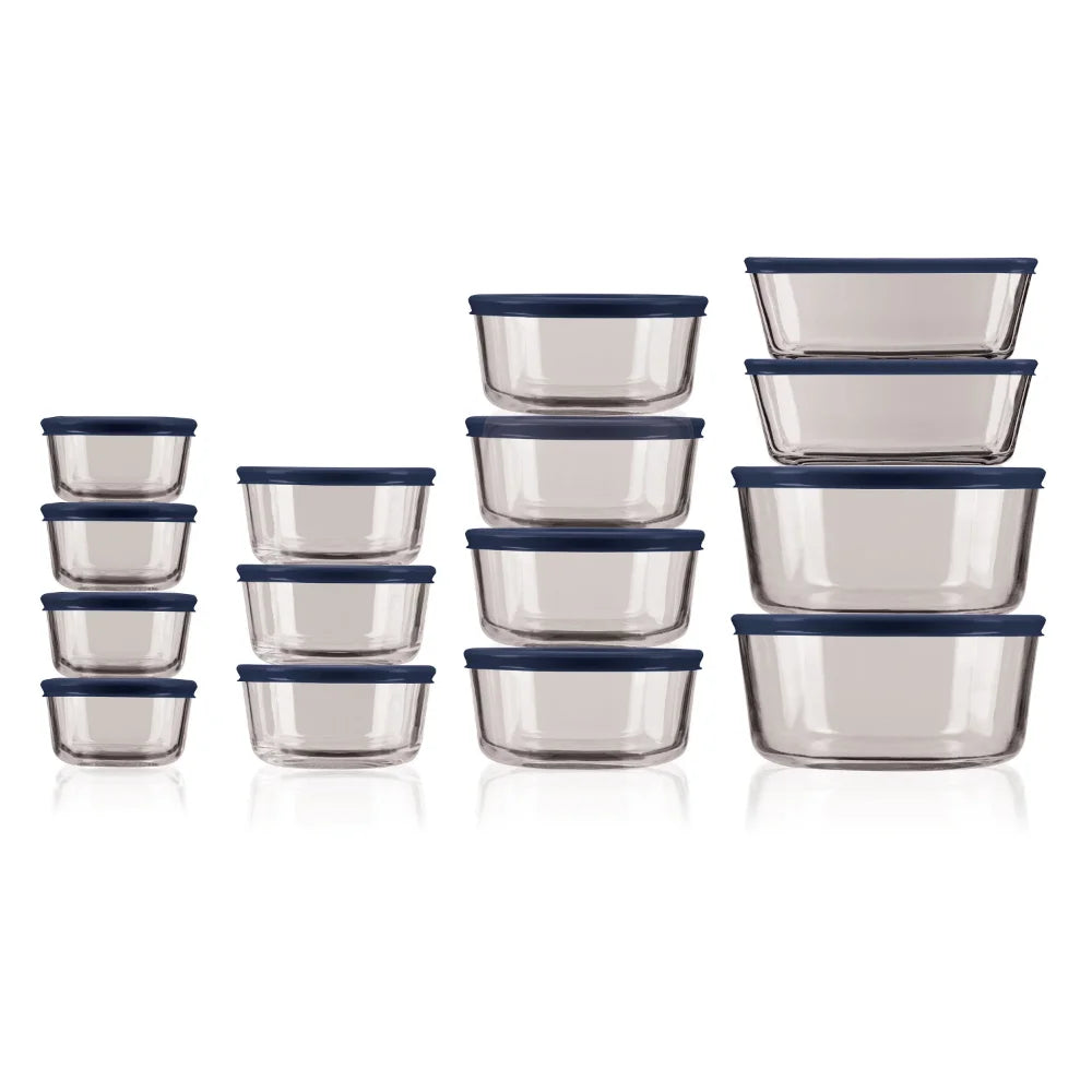 30 Piece Set Clear Glass Storage With Navy Lids