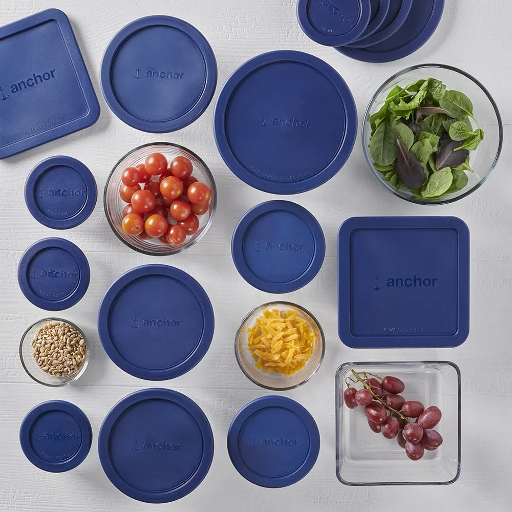 30 Piece Set Clear Glass Storage With Navy Lids