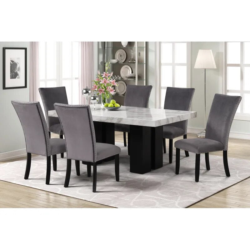 7-piece Dining Table Set with Faux Marble Rectangular Table and 6 Upholstered Chairs